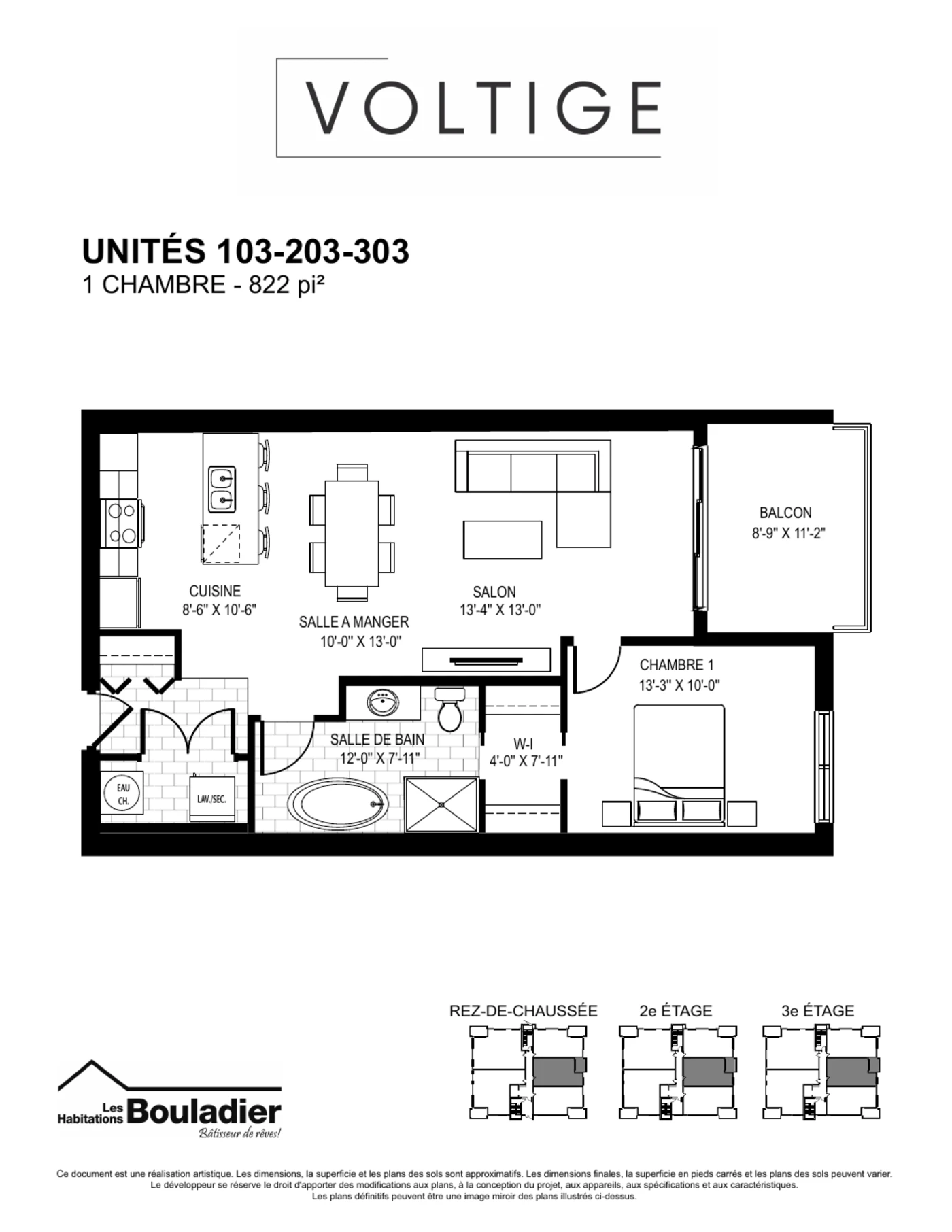Plan des unités 103, 203 et 303 : une chambre, aire de vie ouverte, cuisine avec îlot, salle de bain complète et balcon
